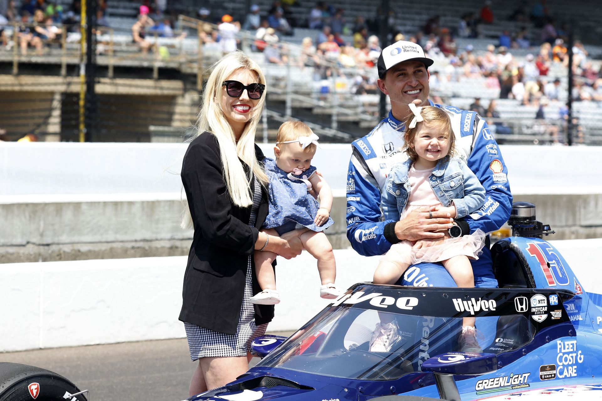 Graham Rahal with his wife Courtney Force and two daughters at the 107th Indianapolis 500 - Source: Getty